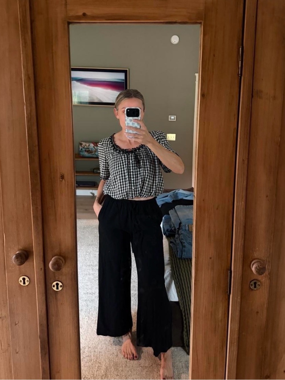 Black Linen Blend Wide Leg Drawstring Pants | Cotton Linen Lounge Pants | Size M